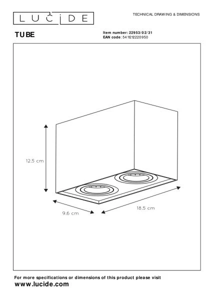 Lucide TUBE - Ceiling spotlight - 2xGU10 - White - technical